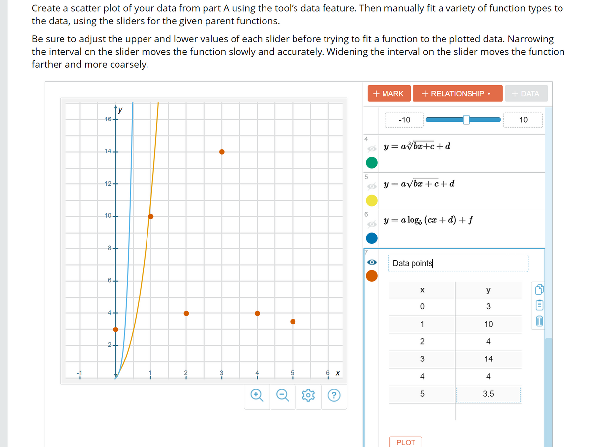 **Scatter Plot Fitting Guide**

Create a scatter plot using your data from part A with the tool’s data feature. Manually fit various types of functions to the data by utilizing the sliders for the specified parent functions.

**Steps to Follow:**
- Adjust the upper and lower values of each slider before fitting a function to the plotted data.
- Narrowing the slider interval allows for precise and gradual adjustments.
- Widening the slider interval moves the function more extensively and in coarser increments.

**Graph Explanation:**
- The graph displays a scatter plot with orange data points at coordinates (0, 3), (1, 10), (2, 4), (3, 14), (4, 4), and (5, 3.5).
- Two functions are plotted over the scatter plot:
  - A blue function line uses the form \( y = a \sqrt{bx} + c + d \).
  - An orange function line may represent another form of fitting.

**Function Fitting Options:**
- The tool provides several function forms to choose from, including those involving square roots and logarithms, allowing for flexibility in data representation.
- Sliders allow adjustments in the constants for these functions, optimizing fit to the data.

**Data Table:**
- A table next to the graph shows the x and y values of the plotted data points.

This interactive approach facilitates understanding of function fitting and the impact of parameter changes on graph shapes.