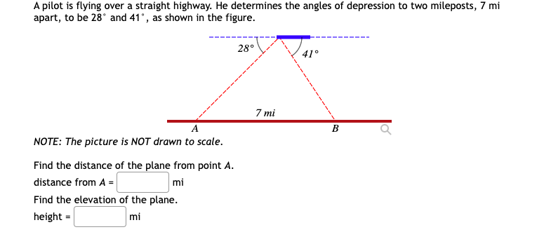 A pilot is flying over a straight highway. He determines the angles of depression to two mileposts, 7 mi
apart, to be 28° and 41°, as shown in the figure.
28°
A
NOTE: The picture is NOT drawn to scale.
Find the distance of the plane from point A.
distance from A =
mi
Find the elevation of the plane.
height=
mi
7 mi
41°
B