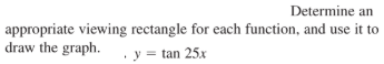 Determine an
appropriate viewing rectangle for each function, and use it to
draw the graph.
= tan 25x
