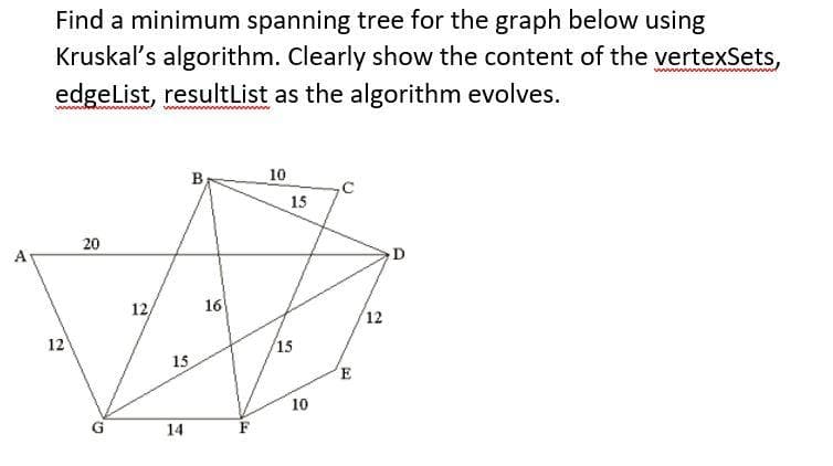 Find a minimum spanning tree for the graph below using
Kruskal's algorithm. Clearly show the content of the vertexSets,
ww
edgeList, resultList as the algorithm evolves.
B
10
15
20
A
12
16
12
12
15
15
E
10
14
