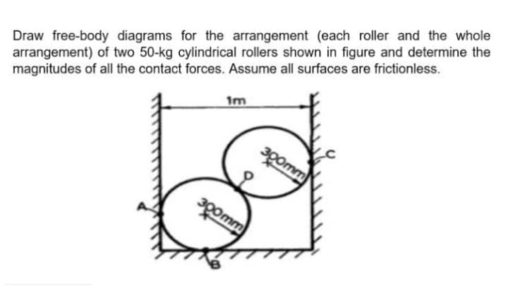 Draw free-body diagrams for the arrangement (each roller and the whole
arrangement) of two 50-kg cylindrical rollers shown in figure and determine the
magnitudes of all the contact forces. Assume all surfaces are frictionless.
1m
3pomm
apomm
300mm
