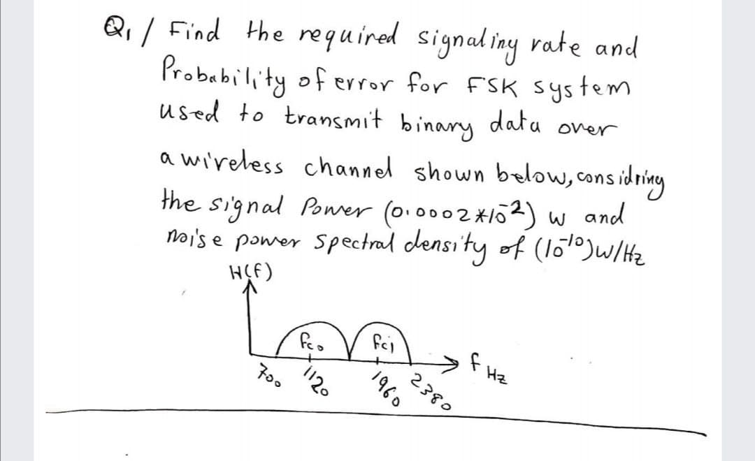 Q / Find the required signaliny rate and
Probability of error for F'SK sys tem
binary
used to transmit data over
a wi'reless channed shown below,cons idriny
the signal Poner (0.0002*152) w and
noise power Spectral densi'ty of (loJW/Hz
HCF)
120
2380
ZH J
1960
