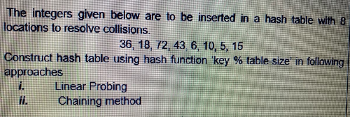 The integers given below are to be inserted in a hash table with 8
locations to resolve collisions.
36, 18, 72, 43, 6, 10, 5, 15
Construct hash table using hash function 'key % table-size' in following
approaches
i.
ii.
Linear Probing
Chaining method
