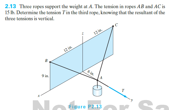 2.13 Three ropes support the weight at A. The tension in ropes AB and AC is
15 lb. Determine the tension Tin the third rope, knowing that the resultant of the
three tensions is vertical.
