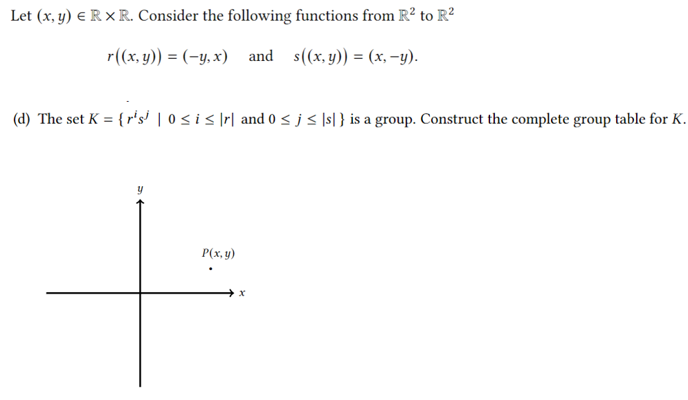 Let (x, y) E R× R. Consider the following functions from R? to R?
r((x, y)) = (-y,x) and s(x, y)) = (x, -y).
(d) The set K = {r's' | 0 < i < |r| and 0 < j < |s| } is a group. Construct the complete group table for K.
Р(х, у)
