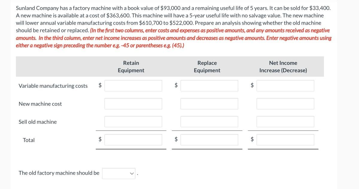 Sunland Company has a factory machine with a book value of $93,000 and a remaining useful life of 5 years. It can be sold for $33,400.
A new machine is available at a cost of $363,600. This machine will have a 5-year useful life with no salvage value. The new machine
will lower annual variable manufacturing costs from $610,700 to $522,000. Prepare an analysis showing whether the old machine
should be retained or replaced. (In the first two columns, enter costs and expenses as positive amounts, and any amounts received as negative
amounts. In the third column, enter net income increases as positive amounts and decreases as negative amounts. Enter negative amounts using
either a negative sign preceding the number e.g. -45 or parentheses e.g. (45).)
Variable manufacturing costs
New machine cost
Sell old machine
Total
$
$
The old factory machine should be
Retain
Equipment
$
Replace
Equipment
$
$
LA
Net Income
Increase (Decrease)