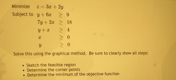 Minimize
Subject to
2 = 3x + 2y
y + 6x
7y + 2x
y+x
x
≥ 9
18
24
> 0
≥ 0
Y
Solve this using the graphical method. Be sure to clearly show all steps:
• Sketch the feasible region
• Determine the corner points
• Determine the minimum of the objective function