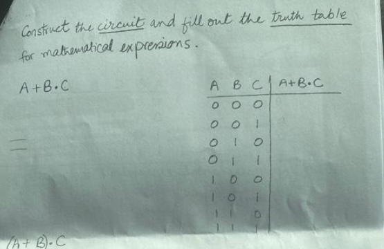 Construct the circuit and fill out the truth table
for mathematical expressions.
A+B.C
(A + B).C
A B C A+B•C
0 0
00 1
010
1
10 O
1