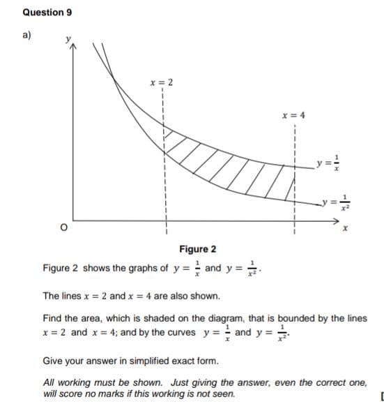 Question 9
a)
x
Figure 2
Figure 2 shows the graphs of y = = and y ===>
x = 4
>
||
MIX
11
-
The lines x = 2 and x = 4 are also shown.
Find the area, which is shaded on the diagram, that is bounded by the lines
x = 2 and x = 4; and by the curves y = = and y =
Give your answer in simplified exact form.
All working must be shown. Just giving the answer, even the correct one,
will score no marks if this working is not seen.