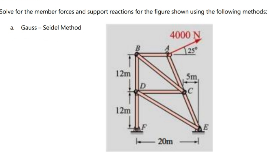 Solve for the member forces and support reactions for the figure shown using the following methods:
a. Gauss-Seidel Method
12m
12m
B
D
4000 N
25°
- 20m
5m,
C