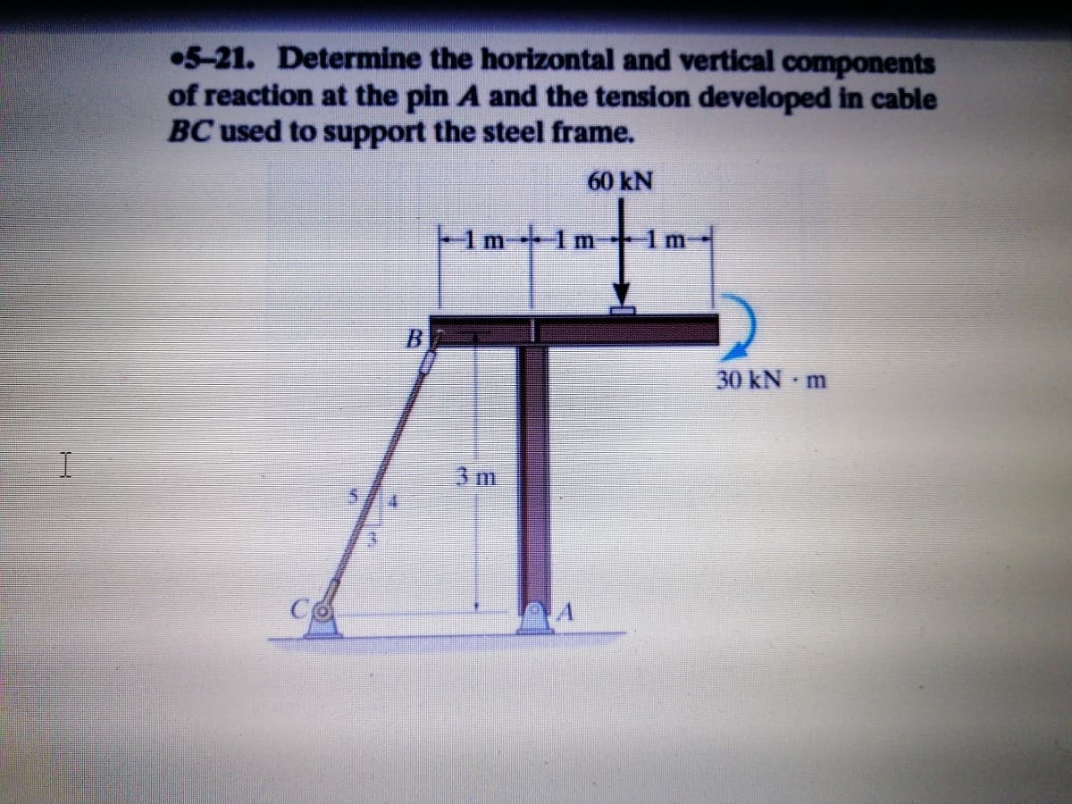 •5-21. Determine the horizontal and vertical components
of reaction at the pin A and the tension developed in cable
BC used to support the steel frame.
60 kN
1m 1m
B.
30 kN m
3 m
Co
