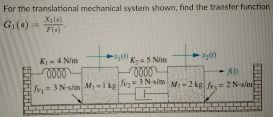 For the translational mechanical system shown, find the transfer function
G(s) =
X2(s)
%3D
F(s)
K = 4 N/m
K2 = 5 N/m
%3D
fv1
3 N-s/m M1 1 kg v2=N-S/m M2=2 kg fy, = 2 N-s/m
%3D
%3D
