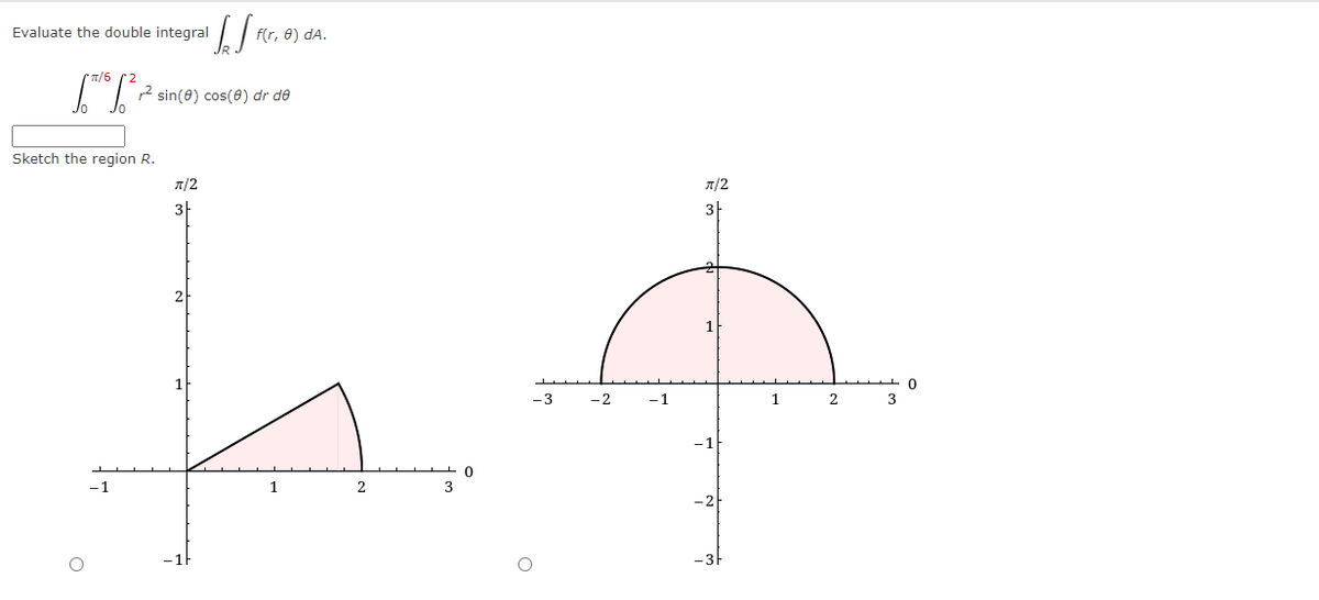 Evaluate the double integral
f(r, 8) dA.
T/6
2 sin(0) cos(0) dr de
Sketch the region R.
л/2
T/2
3
2
1
-3
-2
-1
3
-1
-1
1
3
