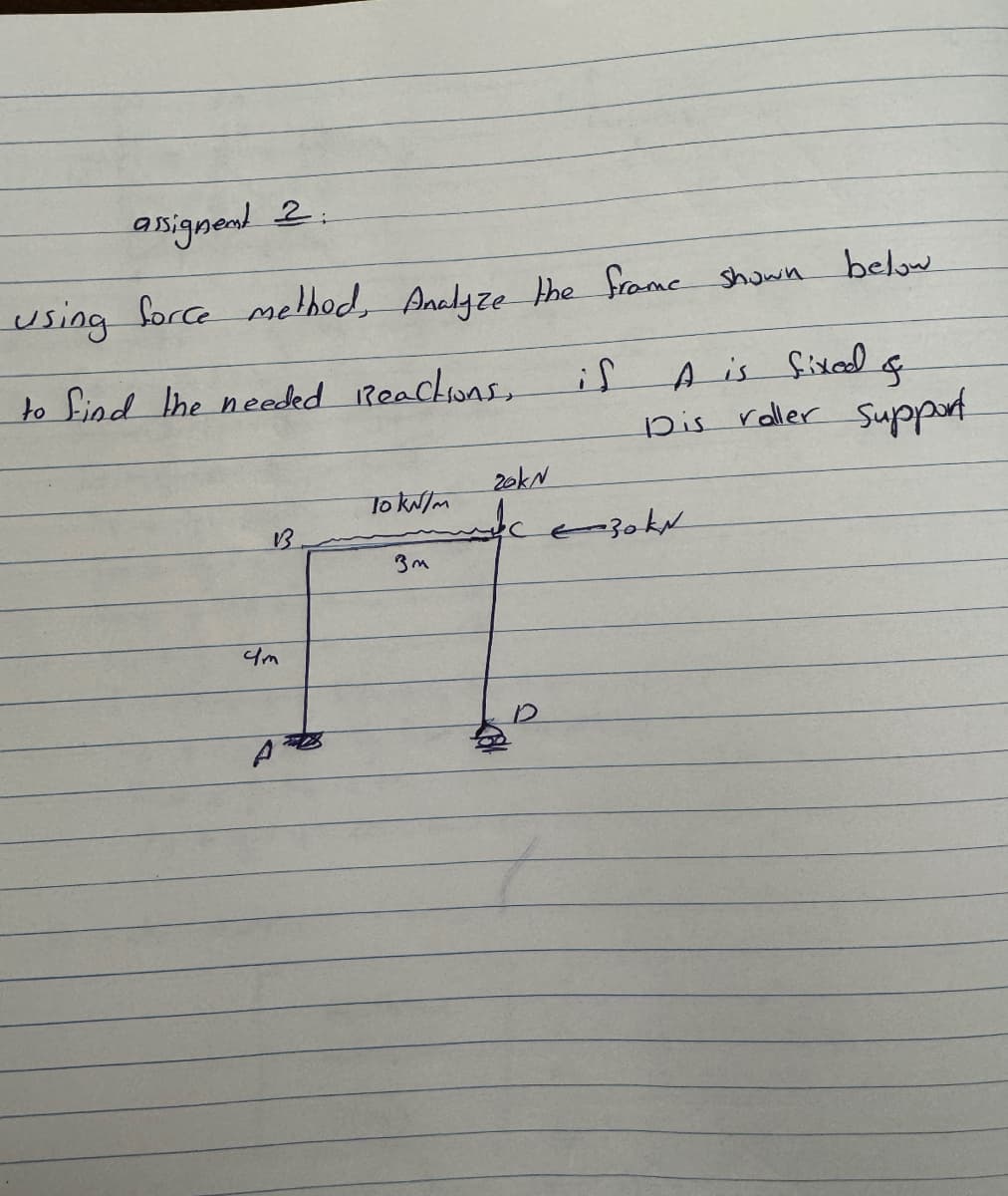 assignent 2:
using force method, Analyze the frame shown below
to find the needed Reactions,
if
To kN/m
B
3m
20kN
S
A is fixed
Dis roller Support
M&C 30KN
4m
A