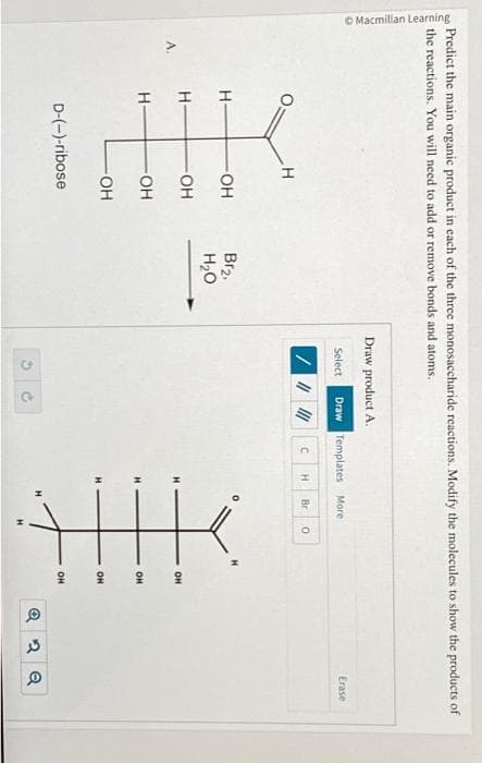 Macmillan Learning
Predict the main organic product in each of the three monosaccharide reactions. Modify the molecules to show the products of
the reactions. You will need to add or remove bonds and atoms.
H
H
H
OH
-OH
-OH
-OH
D-(-)-ribose
Br₂
H₂O
Draw product A.
Select Draw Templates More
||||| CH Br 0
C
OH
OH
OH
OH
Erase
Q2 Q