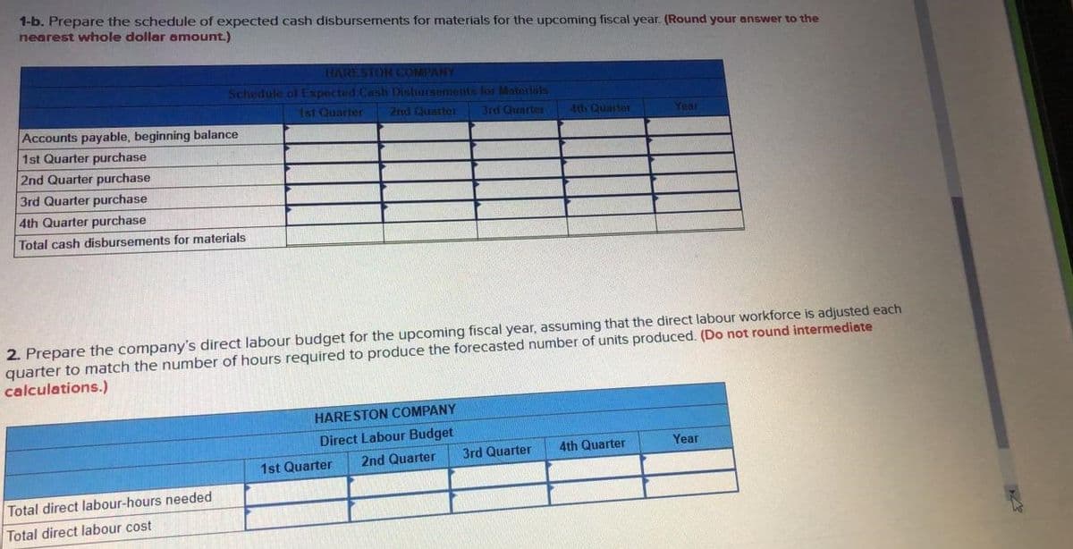 1-b. Prepare the schedule of expected cash disbursements for materials for the upcoming fiscal year. (Round your answer to the
nearest whole dollar amount.)
BARESTON COMPANY
Schedule ofExpected Cash Disbursements for Materials
1st Quarter
2nd Quarter
3rd Quarter
4th Quarter
Year
Accounts payable, beginning balance
1st Quarter purchase
2nd Quarter purchase
3rd Quarter purchase
4th Quarter purchase
Total cash disbursements for materials
2. Prepare the company's direct labour budget for the upcoming fiscal year, assuming that the direct labour workforce is adjusted each
quarter to match the number of hours required to produce the forecasted number of units produced. (Do not round intermediate
calculations.)
HARESTON COMPANY
Direct Labour Budget
3rd Quarter
4th Quarter
Year
1st Quarter
2nd Quarter
Total direct labour-hours needed
Total direct labour cost
