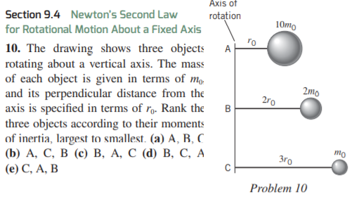 Axis of
Section 9.4 Newton's Second Law
rotation
for Rotational Motion About a Fixed Axis
10mo
10. The drawing shows three objects
rotating about a vertical axis. The mass
of each object is given in terms of m,
and its perpendicular distance from the
axis is specified in terms of rɔ. Rank the
three objects according to their moments
of inertia, largest to smallest. (a) A, B, C
(b) А, С, В (с) в, А, С (d) В, С, А
(е) С, А, В
A
2mo
2ro
B
mo
3ro
Problem 10
