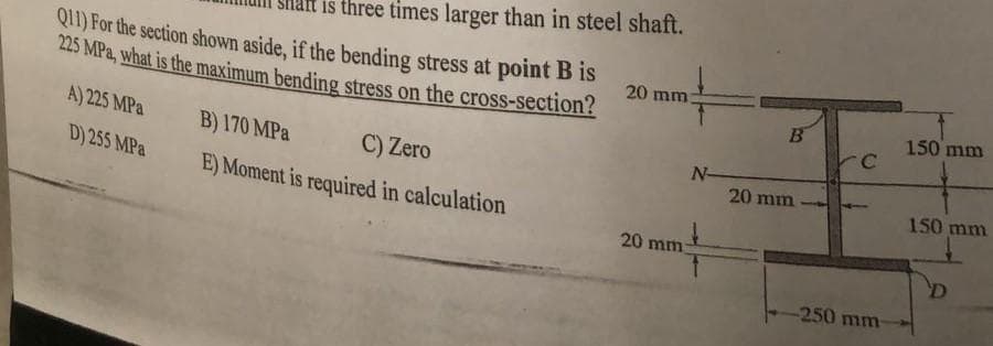 is three times larger than in steel shaft.
Q1) For the section shown aside, if the bending stress at point B is
445 MPa, what is the maximum bending stress on the cross-section?
20 mm
150 mm
A) 225 MPa
B) 170 MPa
C) Zero
N-
20 mm
D) 255 MPa
150 mm
E) Moment is required in calculation
20 mm
D.
-250 mm-
