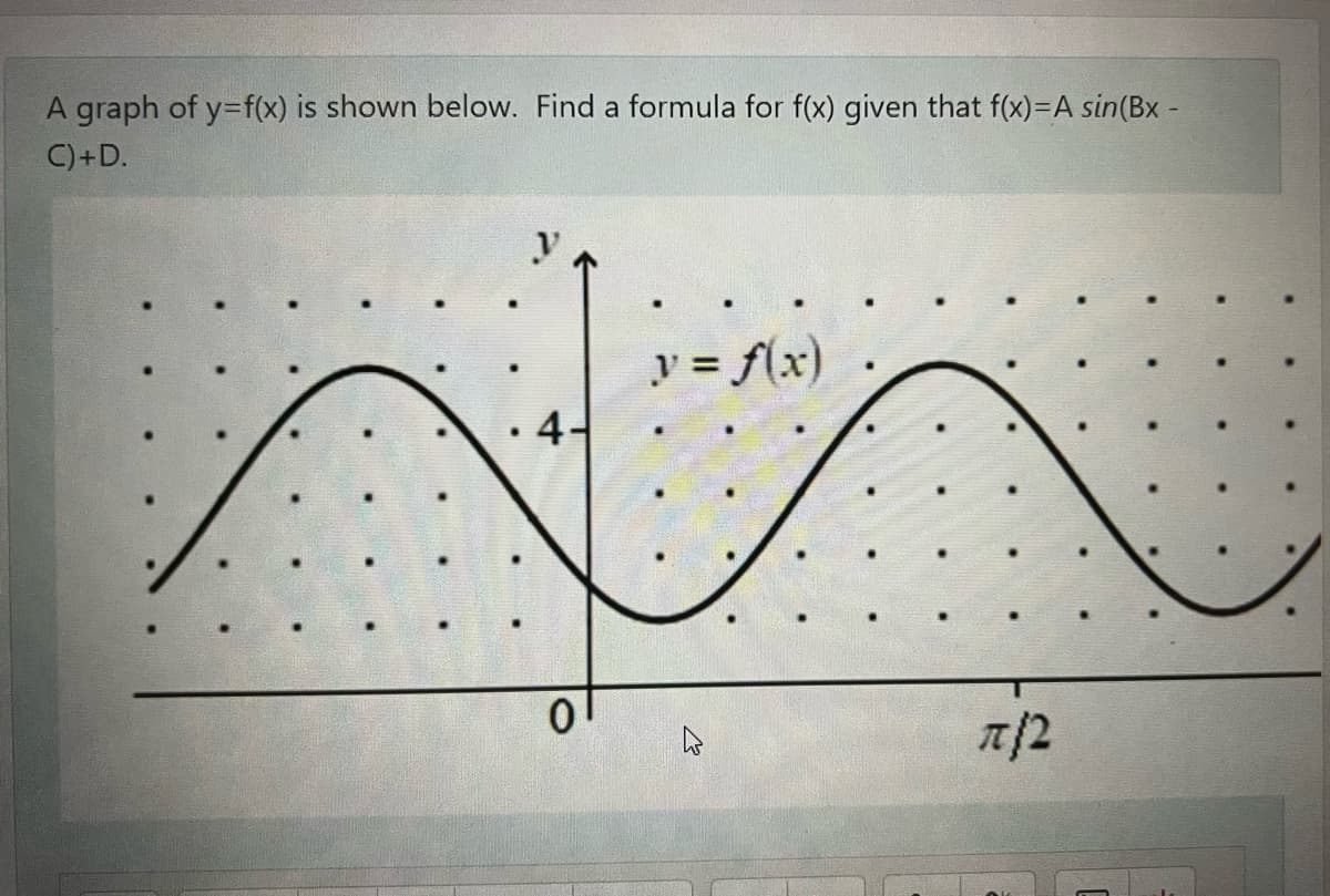 A graph of y=f(x) is shown below. Find a formula for f(x) given that f(x)=A sin(Bx -
C)+D.
y = f(x)
4-
1/2
