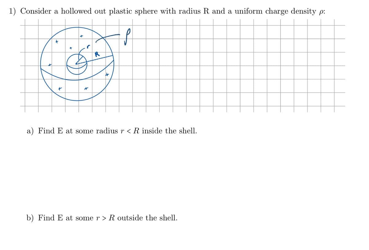 1) Consider a hollowed out plastic sphere with radius R. and a uniform charge density p:
f
+
4
*
R
+
a) Find E at some radius r < R inside the shell.
b) Find E at some r > R outside the shell.