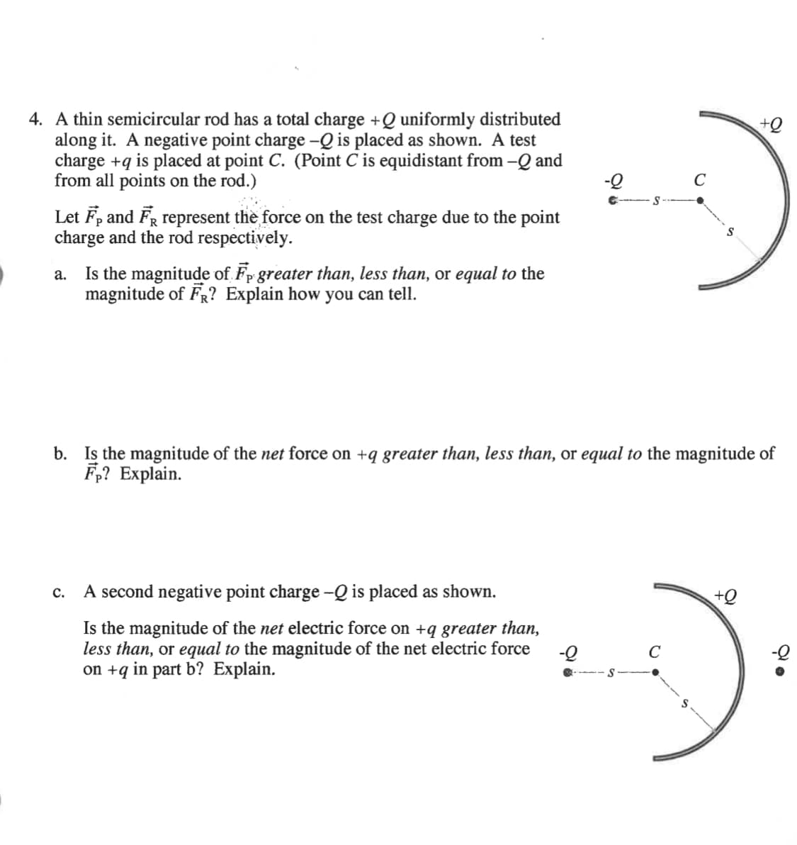 4. A thin semicircular rod has a total charge +Q uniformly distributed
along it. A negative point charge -Q is placed as shown. A test
charge +q is placed at point C. (Point C is equidistant from - Q and
from all points on the rod.)
Let F, and FR represent the force on the test charge due to the point
charge and the rod respectively.
a.
Is the magnitude of Fp greater than, less than, or equal to the
magnitude of FR? Explain how you can tell.
-Q
C
C. A second negative point charge -Q is placed as shown.
Is the magnitude of the net electric force on +q greater than,
less than, or equal to the magnitude of the net electric force -Q
on+q in part b? Explain.
C
S
b. Is the magnitude of the net force on +q greater than, less than, or equal to the magnitude of
Fp? Explain.
a