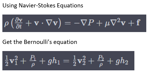 Using Navier-Stokes Equations
|p (ovt + v · ▼v) = −VP + µV²v + f
Get the Bernoulli's equation
P₂
{v} + ² + gh₁ = {v} + ²² + gh₂
B
P