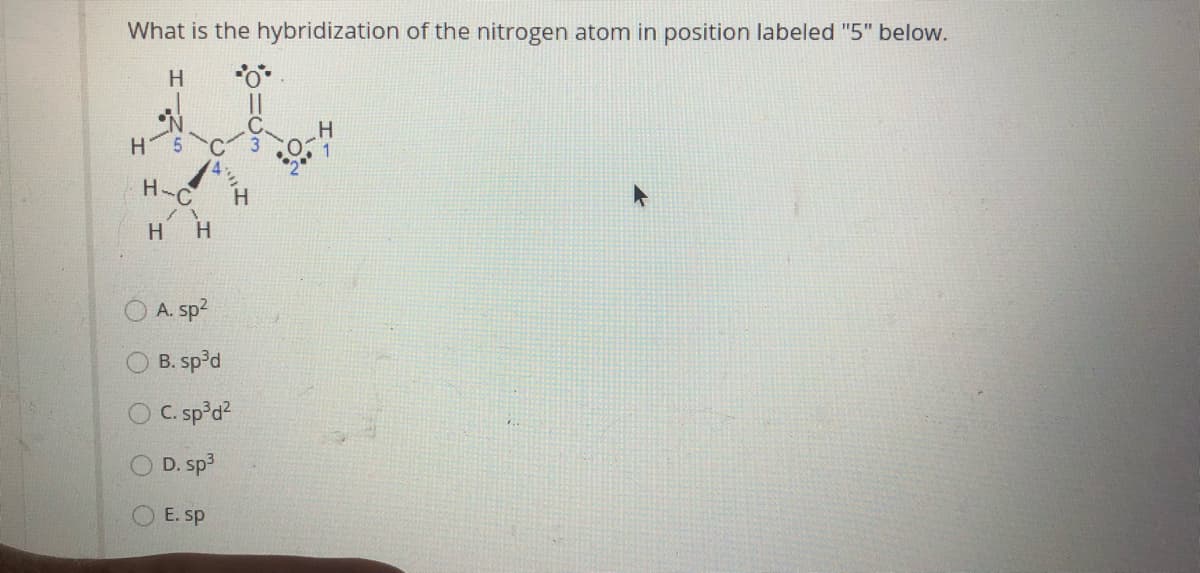 What is the hybridization of the nitrogen atom in position labeled "5" below.
H
H 5
1
H-C
H H
A. sp?
B. sp?d
O C. sp d?
O D. sp3
E. sp
