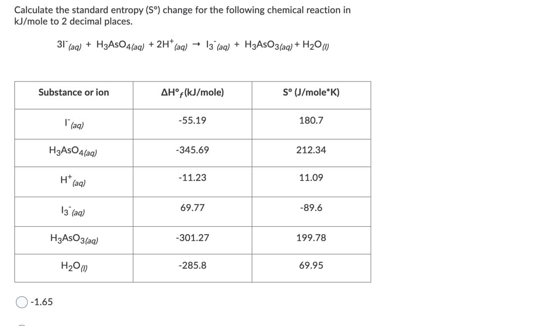 Calculate the standard entropy (S°) change for the following chemical reaction in
kJ/mole to 2 decimal places.
31 ag) + H3ASO4(ag) + 2H* (aq) →
13 (aq) + H3ASO3(aq) + H2O)
Substance or ion
AH° (kJ/mole)
S° (J/mole*K)
-55.19
180.7
I'(aq)
H3ASO4(aq)
-345.69
212.34
H* (ag)
-11.23
11.09
13 (aq)
69.77
-89.6
H3ASO3(aq)
-301.27
199.78
H20 ()
-285.8
69.95
-1.65
