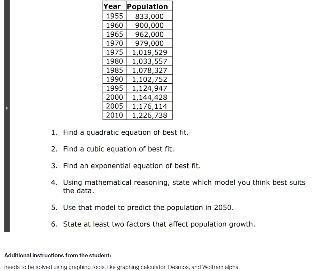 Year Population
833,000
900,000
962,000
979,000
1,019,529
1,033,557
1,078,327
1,102,752
1,124,947
1,144,428
1,176,114
1,226,738
1955
1960
1965
1970
1975
1980
1985
1990
1995
2000
2005
2010
1. Find a quadratic equation of best fit.
2. Find a cubic equation of best fit.
3. Find an exponential equation of best fit.
4. Using mathematical reasoning, state which model you think best suits
the data.
5. Use that model to predict the population in 2050.
6. State at least two factors that affect population growth.
Additional instructions from the student:
needs to be solved using graphing tools, like graphing calculator, Desmos, and Wolfram alpha.
