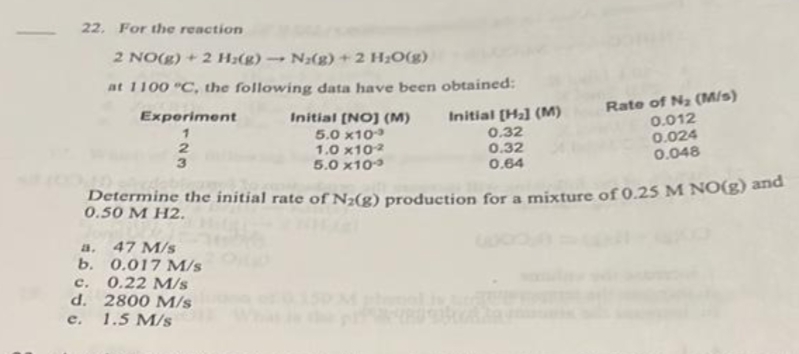 22. For the reaction
2 NO(g) + 2 H;(g)
N3(g) + 2 H;O(g)
at 1100 "C, the following data have been obtained:
Initial [Ha] (M)
0.32
0.32
0.64
Rate of Na (M/s)
0.012
0.024
0.048
Experiment
Initial [NO] (M)
5.0 x10
1.0 x102
5.0 x10
3
Determine the initial rate of N;(g) production for a mixture of 0.25 M NO(g) and
0.50 M H2.
47 M/s
b. 0.017 M/s
0.22 M/s
d. 2800 M/s
1.5 M/s
3.
с.
c.
