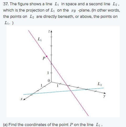 37. The figure shows a line L1 in space and a second line L2,
which is the projection of L on the ry -plane. (In other words,
the points on L2 are directly beneath, or above, the points on
L1. )
L
1
L2
(a) Find the coordinates of the point P on the line L1.
