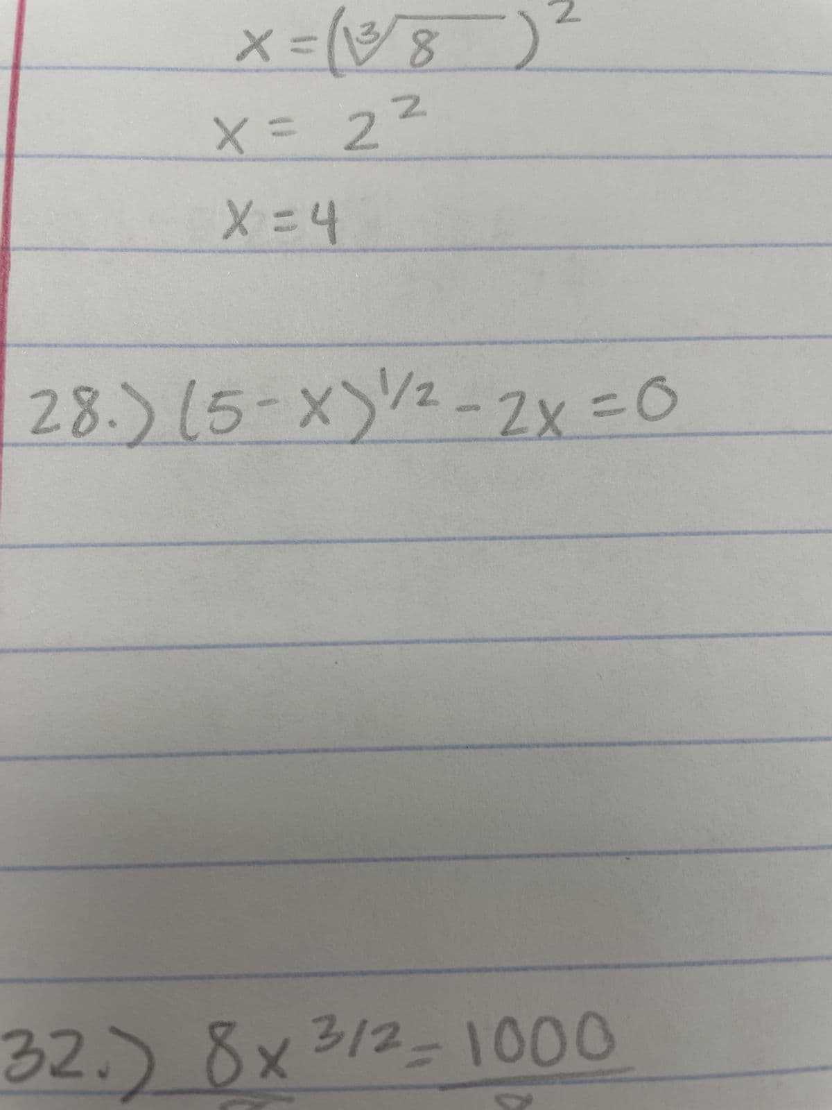 # Algebra Problem Set

Welcome to the Algebra Problem Set section. Below are some example problems and their respective solutions. Follow along to understand the methods used to solve these algebraic equations.

### Example Problems and Solutions:

**Problem 1:**
Solve for \( x \),
\[
x = \left( \sqrt[3]{8} \right)^2 
\]

**Solution:**
First, find the cube root of 8,
\[
\sqrt[3]{8} = 2
\]
Next, square the result,
\[
2^2 = 4
\]
Therefore,
\[
x = 4
\]

---

**Problem 2:**
Solve for \( x \),
\[
(5 - x)^{1/2} - 2x = 0
\]

**Solution:**
This problem combines a square root and a linear term. Rearrange and solve step by step:
\[
(5 - x)^{1/2} = 2x
\]
Square both sides to eliminate the square root,
\[
5 - x = (2x)^2
\]
\[
5 - x = 4x^2
\]
Rearrange the equation,
\[
4x^2 + x - 5 = 0
\]
Solve for \( x \) using the quadratic formula where \( a = 4 \), \( b = 1 \), and \( c = -5 \),
\[
x = \frac{-b \pm \sqrt{b^2 - 4ac}}{2a}
\]
\[
x = \frac{-1 \pm \sqrt{1 + 80}}{8}
\]
\[
x = \frac{-1 \pm \sqrt{81}}{8}
\]
\[
x = \frac{-1 \pm 9}{8}
\]
Thus, the solutions are:
\[
x = 1 \quad \text{or} \quad x = -\frac{5}{4}
\]

---

**Problem 3:**
Solve for \( x \),
\[
8x^{3/2} = 1000
\]

**Solution:**
First, isolate \( x \),
\[
x^{3/2} = \frac{1000}{8}
\]
\[
x^{3/2} = 125
\]
Next, take both