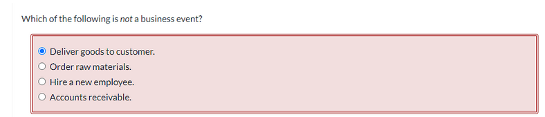 Which of the following is not a business event?
Deliver goods to customer.
Order raw materials.
Hire a new employee.
Accounts receivable.