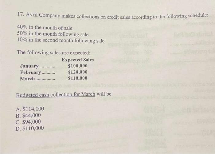 17. Avril Company makes collections on credit sales according to the following schedule:
40% in the month of sale
50% in the month following sale
10% in the second month following sale
The following sales are expected:
Expected Sales
$100,000
$120,000
$110,000
January.
February..
March.
Budgeted cash collection for March will be:
A. $114,000
B. $44,000
C. $94,000
D. $110,000