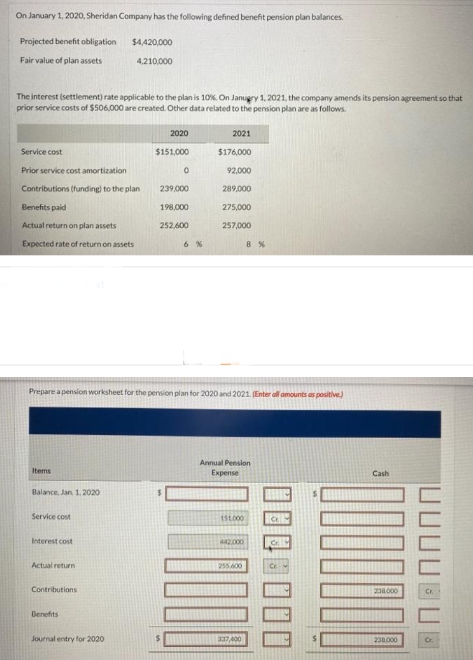 On January 1, 2020, Sheridan Company has the following defined benefit pension plan balances.
Projected benefit obligation
Fair value of plan assets
Service cost
The interest (settlement) rate applicable to the plan is 10%. On January 1, 2021, the company amends its pension agreement so that
prior service costs of $506,000 are created. Other data related to the pension plan are as follows.
Prior service cost amortization
Contributions (funding) to the plan
Benefits paid
Actual return on plan assets
Expected rate of return on assets
Items
Balance, Jan, 1, 2020
Service cost
Interest cost
Actual return
$4,420,000
xt
Contributions
Benefits
4,210,000
Journal entry for 2020
2020
$151,000
0
239,000
198,000
Prepare a pension worksheet for the pension plan for 2020 and 2021. (Enter all amounts as positive.)
252,600
$
6%
2021
$176,000
92,000
289,000
275,000
257,000
Annual Pension
Expense
151.000
442,000
8 %
255,600
337,400
Cr
Cr. Y
$
Cash
1000000
238,000
238,000
UUUU
Cr.
Cr.