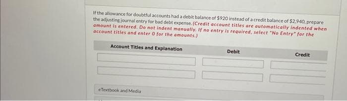 If the allowance for doubtful accounts had a debit balance of $920 instead of a credit balance of $2,940, prepare
the adjusting journal entry for bad debt expense. (Credit account titles are automatically indented when
amount is entered. Do not indent manually. If no entry is required, select "No Entry" for the
account titles and enter 0 for the amounts.)
Account Titles and Explanation
eTextbook and Media
Debit
Credit