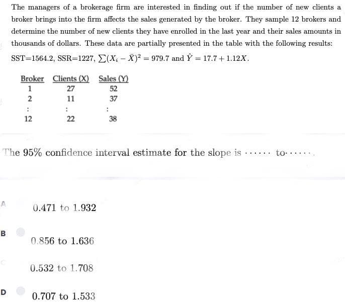 A
B
The managers of a brokerage firm are interested in finding out if the number of new clients a
broker brings into the firm affects the sales generated by the broker. They sample 12 brokers and
determine the number of new clients they have enrolled in the last year and their sales amounts in
thousands of dollars. These data are partially presented in the table with the following results:
SST=1564.2, SSR=1227, E(X₁-X)² = 979.7 and Ŷ = 17.7+ 1.12X.
D
Broker Clients (X) Sales (Y)
1
2
:
12
27
11
:
22
The 95% confidence interval estimate for the slope is
0.471 to 1.932
0.856 to 1.636
0.532 to 1.708
:
0.707 to 1.533
52
37
38
......
to.....