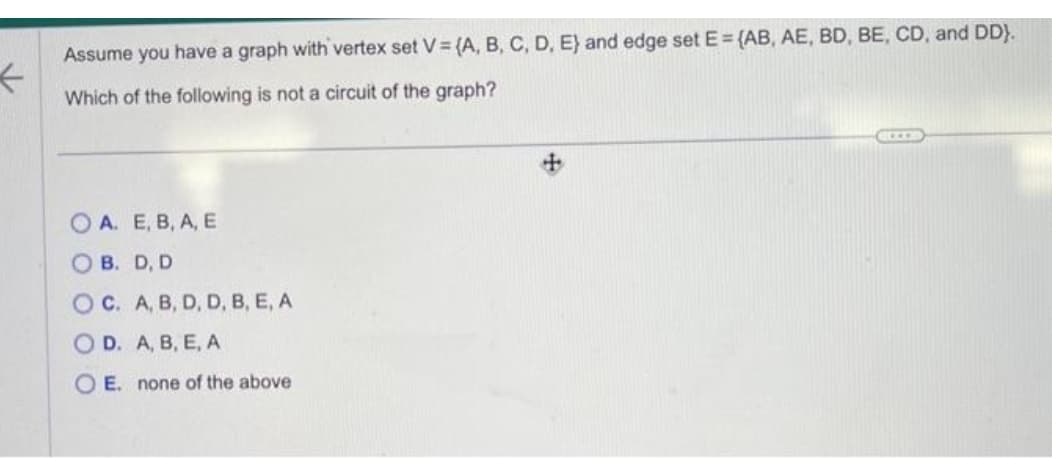 ←
Assume you have a graph with vertex set V= (A, B, C, D, E) and edge set E=(AB, AE, BD, BE, CD, and DD).
Which of the following is not a circuit of the graph?
OA. E, B, A, E
OB. D, D
OC. A, B, D, D, B, E, A
OD. A, B, E, A
OE. none of the above