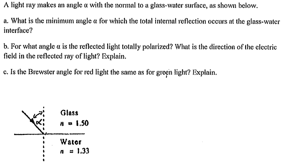 A light ray makes an angle a with the normal to a glass-water surface, as shown below.
a. What is the minimum angle a for which the total internal reflection occurs at the glass-water
interface?
b. For what angle a is the reflected light totally polarized? What is the direction of the electric
field in the reflected ray of light? Explain.
c. Is the Brewster angle for red light the same as for green light? Explain.
Glass
# = 1.50
Water
n = 1.33