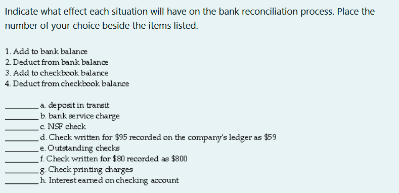 Indicate what effect each situation will have on the bank reconciliation process. Place the
number of your choice beside the items listed.
1. Add to bank balance
2. Deduct from bank balance
3. Add to checkbook balance
4. Deduct from checkbook balance
a. deposit in transit
b. bank service charge
c. NSF check
d. Check written for $95 recorded on the company's ledger as $59
e. Outstanding checks
f. Check written for $80 recorded as $800
g. Check printing charges
h. Interest earned on checking account