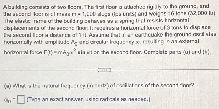 A building consists of two floors. The first floor is attached rigidly to the ground, and
the second floor is of mass m = 1,000 slugs (fps units) and weighs 16 tons (32,000 lb).
The elastic frame of the building behaves as a spring that resists horizontal
displacements of the second floor; it requires a horizontal force of 3 tons to displace
the second floor a distance of 1 ft. Assume that in an earthquake the ground oscillates
horizontally with amplitude A, and circular frequency w, resulting in an external
horizontal force F(t) = mAow² sin wt on the second floor. Complete parts (a) and (b).
(a) What is the natural frequency (in hertz) of oscillations of the second floor?
@0
(Type an exact answer, using radicals as needed.)