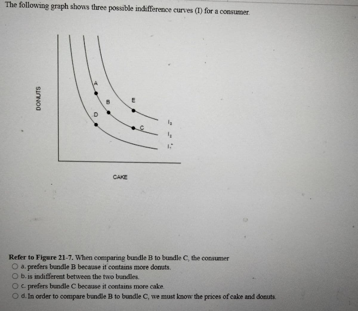 The following graph shows three possible indifference curves (I) for a consumer.
DONUTS
D
E
B
CAKE
1.
Refer to Figure 21-7. When comparing bundle B to bundle C, the consumer
O a. prefers bundle B because it contains more donuts.
O b. is indifferent between the two bundles.
Oc. prefers bundle C because it contains more cake.
Od. In order to compare bundle B to bundle C, we must know the prices of cake and donuts.