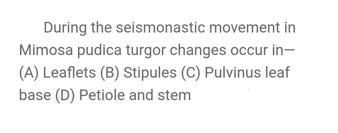 During the seismonastic movement in
Mimosa pudica turgor changes occur in-
(A) Leaflets (B) Stipules (C) Pulvinus leaf
base (D) Petiole and stem
