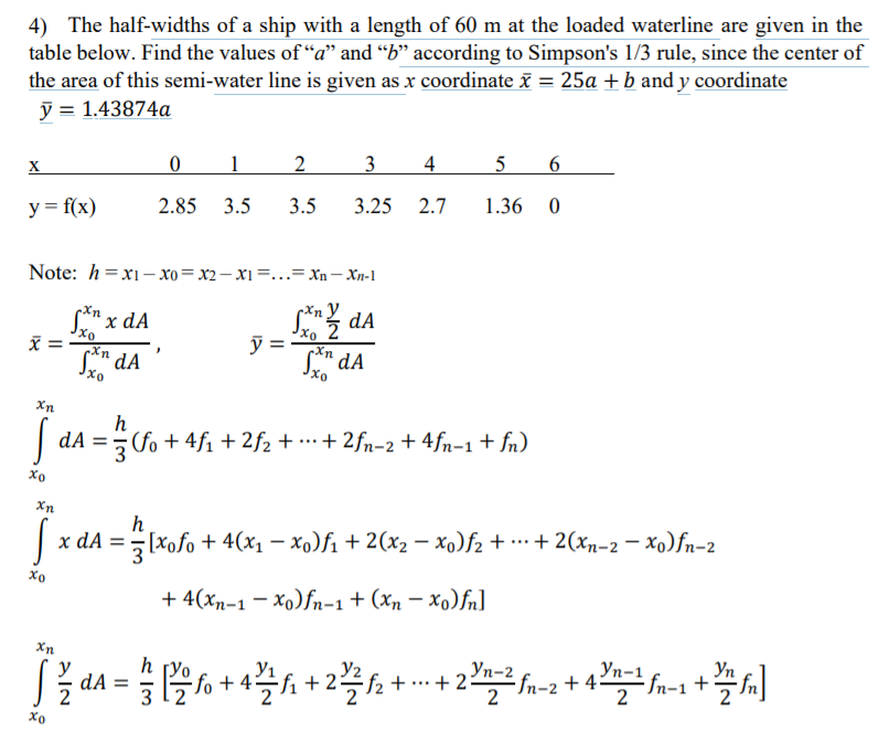 4) The half-widths of a ship with a length of 60 m at the loaded waterline are given in the
table below. Find the values of “a" and “b" according to Simpson's 1/3 rule, since the center of
the area of this semi-water line is given as x coordinate = 25a + b and y coordinate
y = 1.43874a
X
3 4
y = f(x)
2.85 3.5
3.5
3.25 2.7
1.36 0
Note: h=xi– xo=x2– X1=...= Xn– Xn-1
S da
ỹ :
S" dA
y
S" dA
Xn
dA ==fo + 4fı + 2f2 + •…·+ 2fn-2 + 4fn-1 + fn)
Xo
Xn
h
x dA =[xofo + 4(x1 – xo)f1 + 2(x2 – xo)f2 + …· + 2(xn-2 – xo)fn-2
...
Хо
+ 4(xn-1 – Xo)fn-1+ (xn – xo)fn]
h [yo
Уп-2
Уп-1
z-2 + 4:
Yn
1을6 + 42A + 22h +… + 2쪽f-2 + 4f-1 +2
dA =
Xo
