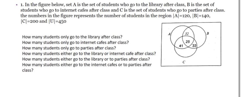 • 1. In the figure below, set A is the set of students who go to the library after class, B is the set of
students who go to internet cafes after class and C is the set of students who go to parties after class.
the numbers in the figure represents the number of students in the region |A|=120, |B|=140,
|C| =200 and |U|=450
32
How many students only go to the library after class?
How many students only go to internet cafes after class?
How many students only go to parties after class?
How many students either go to the library or internet cafe after class?
How many students either go to the library or to parties after class?
How many students either go to the internet cafes or to parties after
class?
41
25
C
33