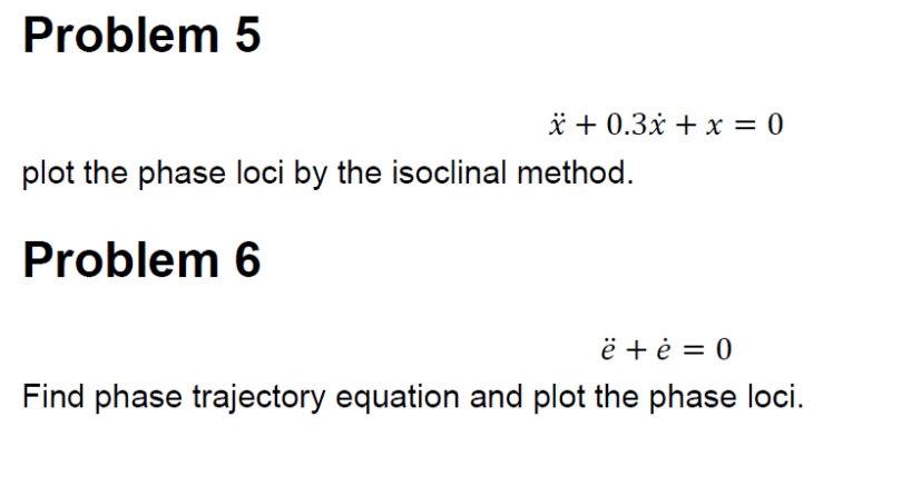 Problem 5
x + 0.3x + x = 0
plot the phase loci by the isoclinal method.
Problem 6
ë+ė = 0
Find phase trajectory equation and plot the phase loci.