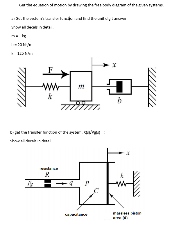 Get the equation of motion by drawing the free body diagram of the given systems.
a) Get the system's transfer function and find the unit digit answer.
Show all decals in detail.
m = 1 kg
b= 20 Ns/m
k = 125 N/m
F
ww
k
b) get the transfer function of the system. X(s)/Pg(s) =?
Show all decals in detail.
resistance
R
k
Pg
massless piston
area (A)
capacitance
