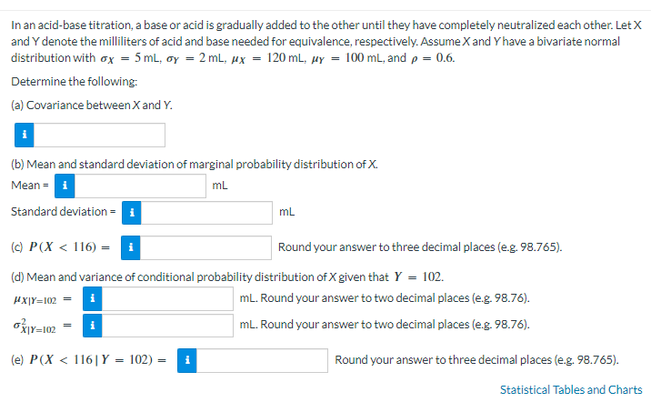 In an acid-base titration, a base or acid is gradually added to the other until they have completely neutralized each other. Let X
and Y denote the milliliters of acid and base needed for equivalence, respectively. Assume X and Y have a bivariate normal
distribution with ox = 5 mL, oy = 2 mL, μx = 120 mL, y = 100 mL, and p = 0.6.
Determine the following:
(a) Covariance between X and Y.
(b) Mean and standard deviation of marginal probability distribution of X.
Mean = i
mL
Standard deviation = i
XIY-102
(c) P(X < 116) =
(d) Mean and variance of conditional probability distribution of X given that Y = 102.
HX|Y=102= i
= | i
(e) P (X < 116 | Y = 102) =
mL
i
Round your answer to three decimal places (e.g. 98.765).
mL. Round your answer to two decimal places (e.g. 98.76).
mL. Round your answer to two decimal places (e.g. 98.76).
Round your answer to three decimal places (e.g. 98.765).
Statistical Tables and Charts