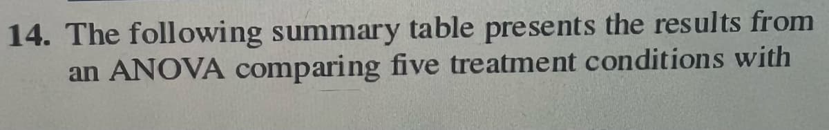 The image displays the following text:

"14. The following summary table presents the results from an ANOVA comparing five treatment conditions with"

Unfortunately, the table or any further details regarding the results or conditions are not visible in the provided image.