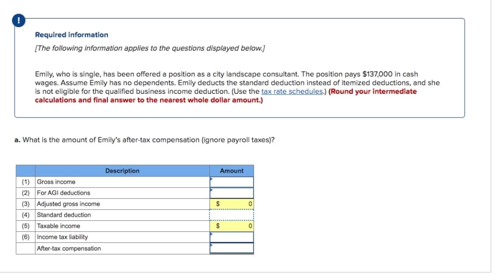 Required information
[The following information applies to the questions displayed below.]
Emily, who is single, has been offered a position as a city landscape consultant. The position pays $137,000 in cash
wages. Assume Emily has no dependents. Emily deducts the standard deduction instead of itemized deductions, and she
is not eligible for the qualified business income deduction. (Use the tax rate schedules.) (Round your intermediate
calculations and final answer to the nearest whole dollar amount.)
a. What is the amount of Emily's after-tax compensation (ignore payroll taxes)?
(5)
(6)
(1) Gross income
(2) For AGI deductions
(3) Adjusted gross income
(4) Standard deduction
Taxable income
Income tax liability
After-tax compensation
Description
Amount
$
$
0
0